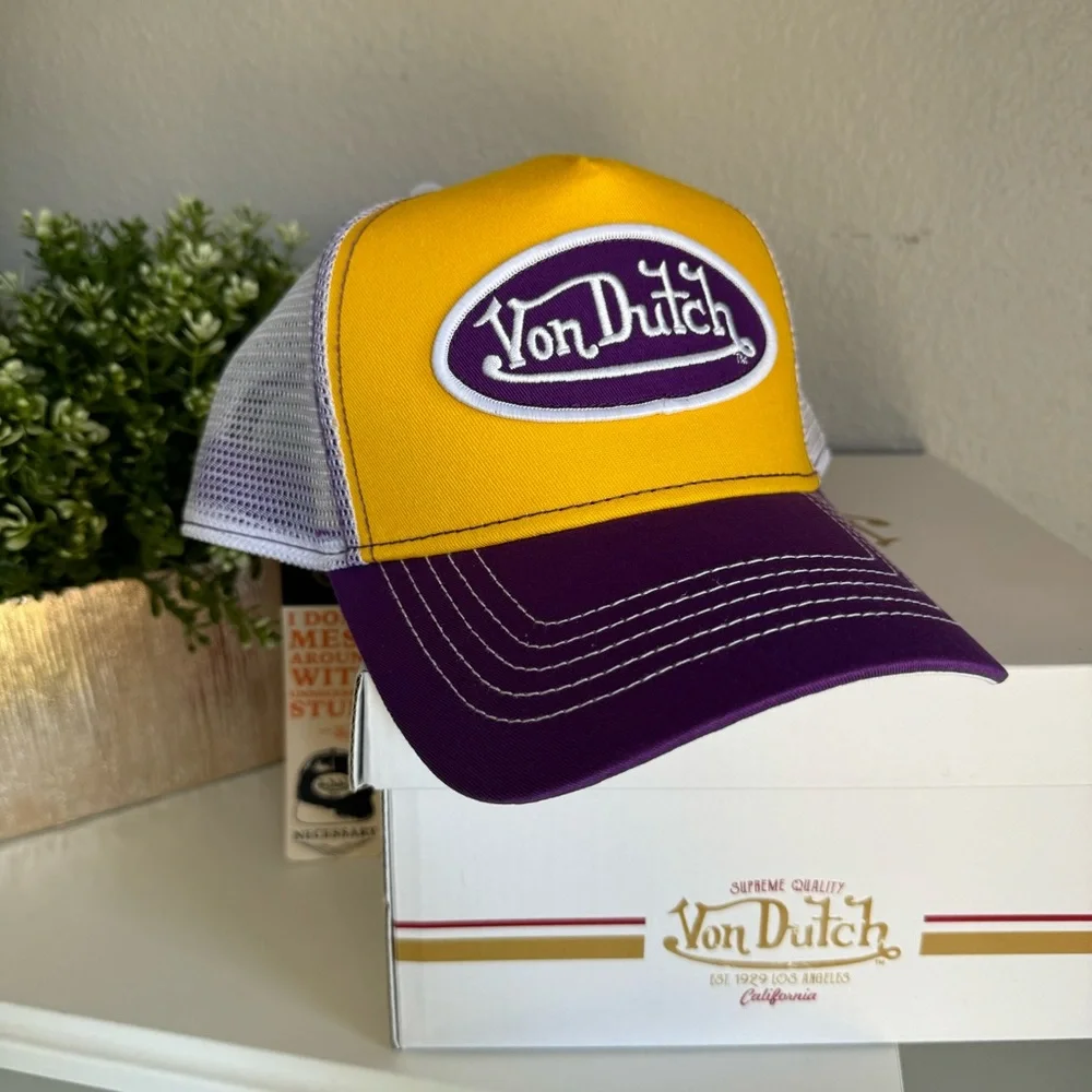 NWT VON DUTCH TWO TONE TRUCKER HAT UNISEX GOLD YELLOW/PURPLE SNAPBACK Y2K‎